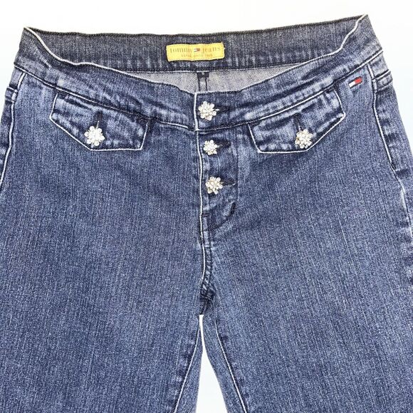 Vintage Y2K Tommy Hilfiger Low Rise Flare Rhinestone Jeans Size 5 Button Fly - Picture 3 of 7